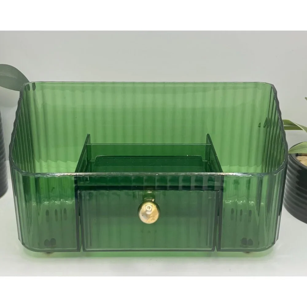 Green Ribbed Acrylic Organizer With Drawer & Gold Knob